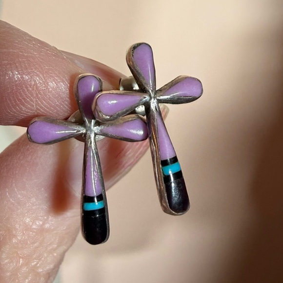 Vintage Native American Zuni Mosaic stone sterling silver cross earrings